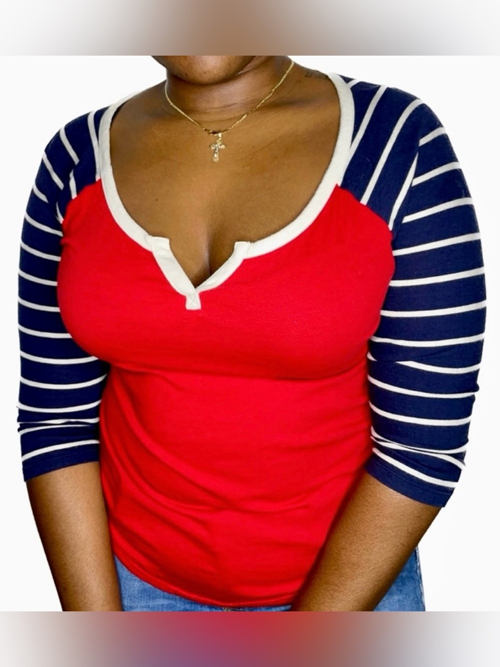 Express Red Navy Colorblock Henley Top 3/4 Sleeve